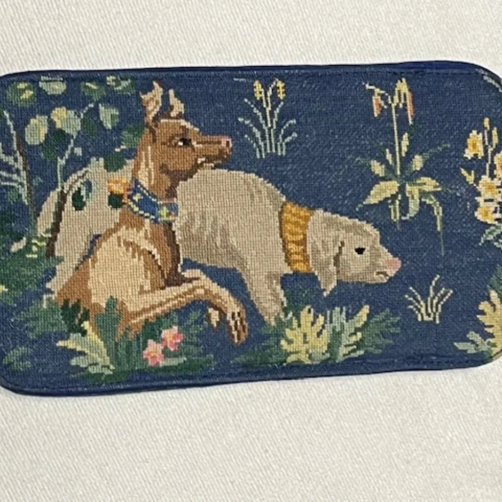 VTG Needlepoint Blue Animals Floral Eyeglasses Soft Case Silk Cotton 6.5